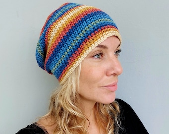 Handmade Striped Slouchy Beanie: Wool Cotton Blend