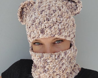 Crochet Velvet Bear Ears Balaclava:Handknit Face Mask
