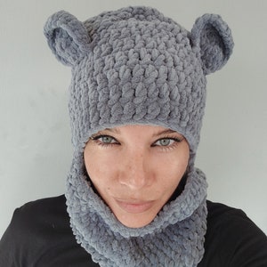 Balaclava Bear Ears Hat Face Mask Handknit Crochet Gray Velvet Teddy Hat