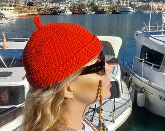 Fisherman Beanie Knit  Red Skull Cap Crochet Docker Hat