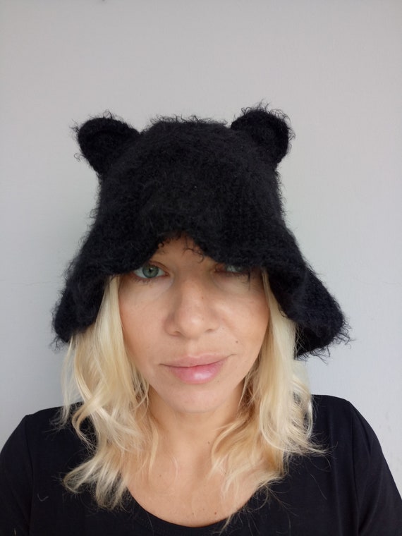 Cat Ear Hat Bucket Hat Black Cat Ear Beanie Hat Crochet Cat Etsy