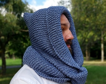 Handknit Chunky Hooded Scarf: Gray-Blue Knit Cowl
