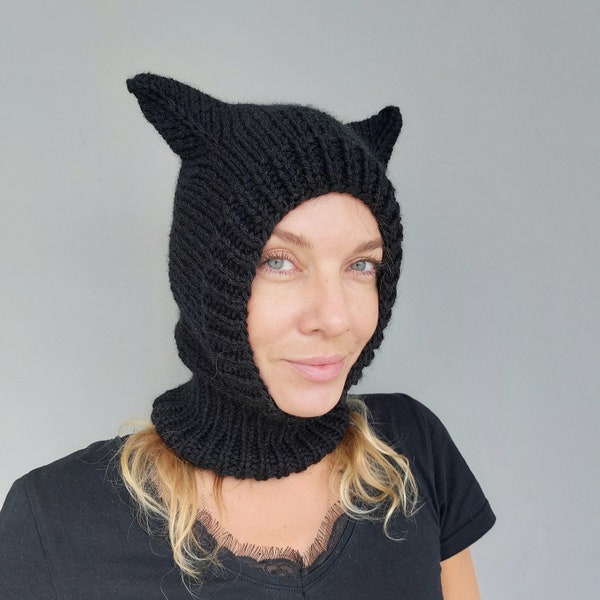 Balaclava with Ears Knit Black Wool Balaclava Hat by BudanovaDisign