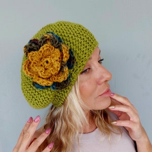 Slouchy Beret with Flower for Women Knit French Chartreuse Beret