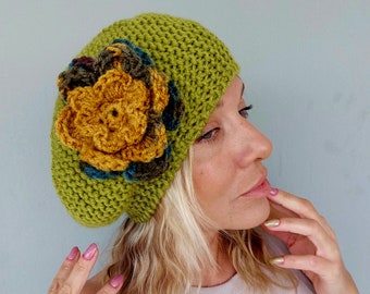 Slouchy Beret with Flower for Women Knit French Chartreuse Beret
