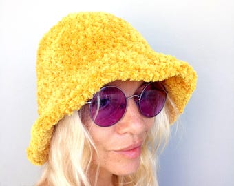Yellow Fuzzy Bucket Hat Crochet