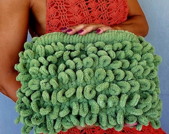Crochet Fluffy Knitted Green Clutch Bag for Women by BudanovaDezign