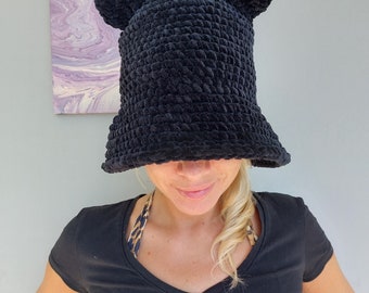 Black Bucket Hat with Ears:Crochet Furry Hat Cat