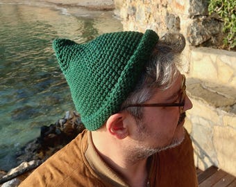 Fisherman Beanie for Men Knit Wool Skull Cap Emerald Color Elf hat