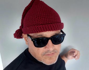 Fisherman Beanie for Men Knit Wool Skull Cap Burgundy Color Elf hat