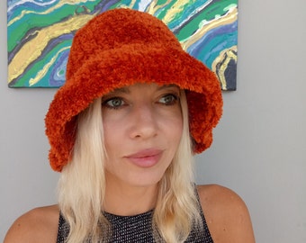Crochet Bucket Hat: Super Soft Orange Faux Fur, Fuzzy Knit