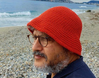 Crochet Red Bucket Hat for Men by BudanovaDezign