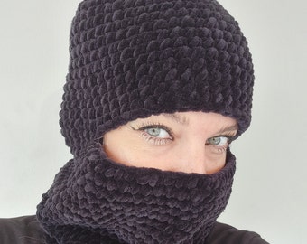 Knit Balaclava Full Face Mask Black Velvet Crochet Unisex