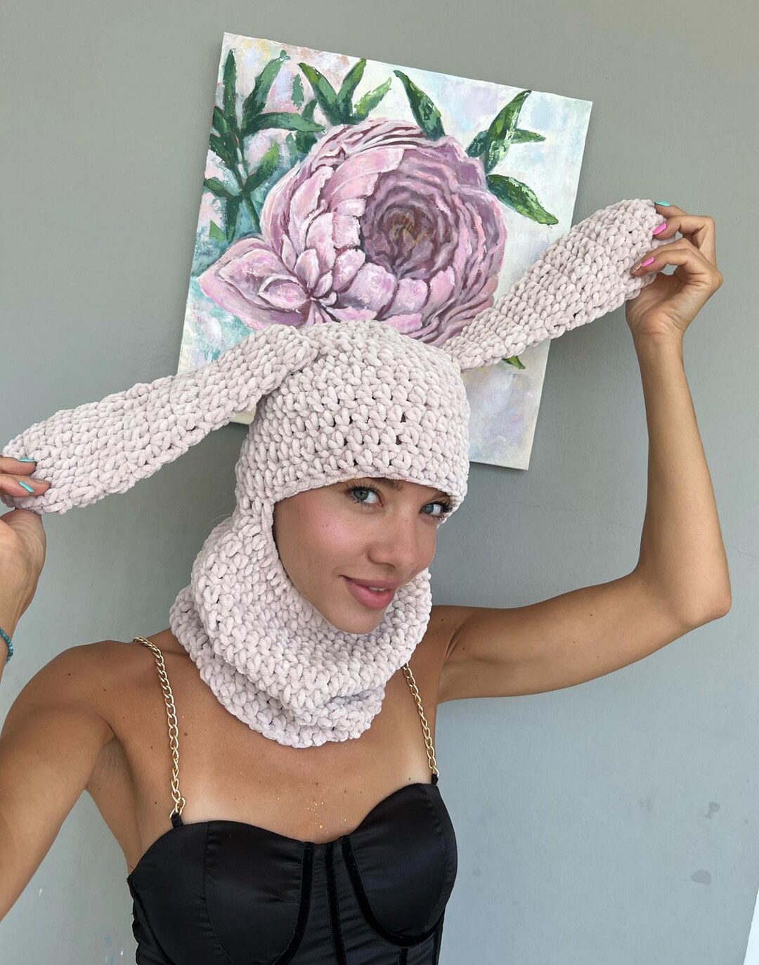 Bunny Balaclava Face Mask Velvet Bunny Ears Hat Crochet Balaclava Rabbit Animal Hat by