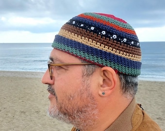 Fisherman Beanie for Men Knit Cotton Skull Cap Crochet Docker Hat with an Ornament