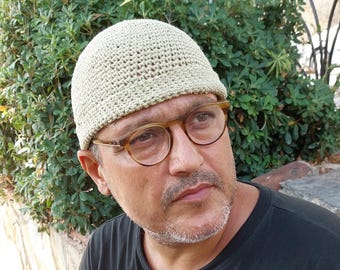 Fisherman Beanie for Men Knit Linen Skull Cap Crochet Docker Hat