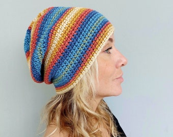 Slouchy Beanie for Women Handmade Striped Fisherman Rolled Hat