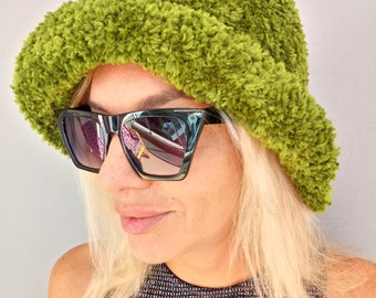 Crochet Bucket Hat Super Soft Fluffy Bucket Hat Oversized Green Faux Fur Fuzzy Crocheted for Women Bucket Hats by BudanovaDisign