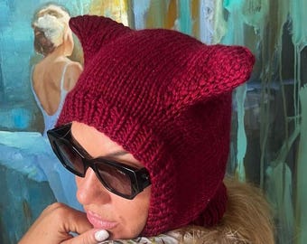 Balaclava with Ears Knit Wool Balaclava Hat by BudanovaDisign