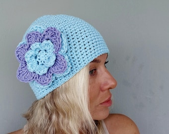 Summer Slouchy Beanie Hat with Flower for women Mint Beanie by BudanovaDezign