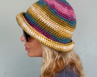 Crochet Bucket Hat Striped Oversized Knit Bucket Hats Gift for Women