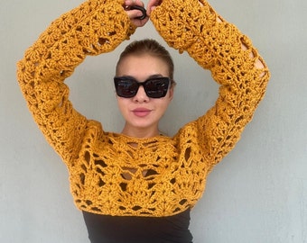 Crochet Shrug Knit Chunky Long Sleeve Bolero for Women