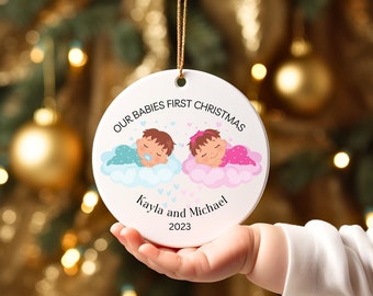 Twin Babies First Christmas Personalized Ornament Baby's 1st Christmas Custom Ornament Keepsake Xmas Ornament Porcelain For Baby Twins Boys