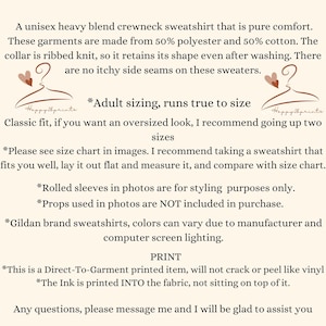May include: A unisex crewneck sweatshirt made from a blend of 50% polyester and 50% cotton. The text "Adult sizing, runs true to size" is displayed on the image. The text "Classic fit, if you want an oversized look, I recommend going up two sizes" is also displayed on the image.