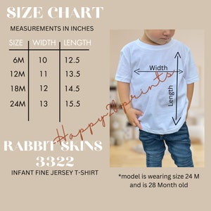 Tabella delle taglie di Rabbit Skins 3322, Tabella delle taglie di Rabbit Skins Infant Fine Jersey Tee, Mockup del modello reale, Tabella delle taglie JPEG 3322, Tabella delle taglie per bambini da ragazzo