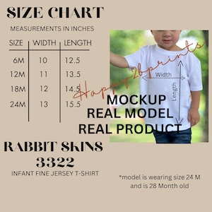 Tabella delle taglie di Rabbit Skins 3322, Tabella delle taglie di Rabbit Skins Infant Fine Jersey Tee, Mockup del modello reale, Tabella delle taglie JPEG 3322, Tabella delle taglie per bambini da ragazzo
