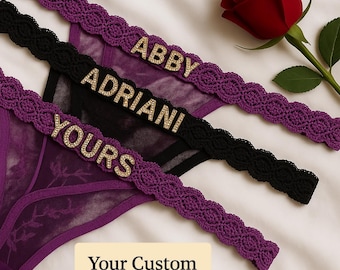 Personalized Lace Thong, Custom Rhinestone Name, Anniversary Lingerie