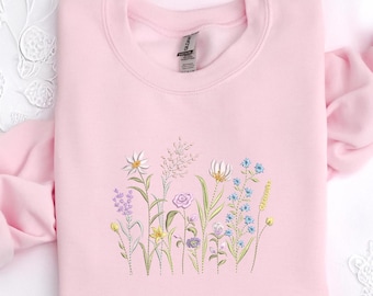 Embroidered Wildflower Sweatshirt, Botanical Floral Crewneck