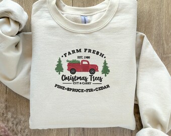 Embroidered Christmas Sweatshirt - Farm Fresh Truck, Holiday Crewneck