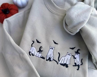 Sudadera con bordado de gatos fantasma, estilo Halloween, moda de otoño