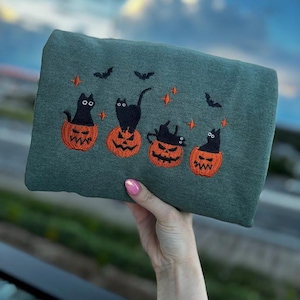 Embroidered Black Cat Sweatshirt, Pumpkin Jack O' Lantern, Fall Crewneck