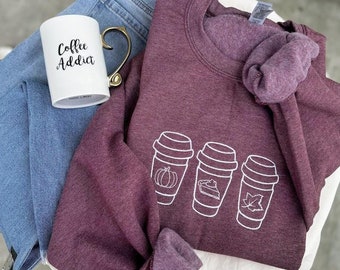 Felpa ricamata autunnale con caffè, maglione con spezie di zucca