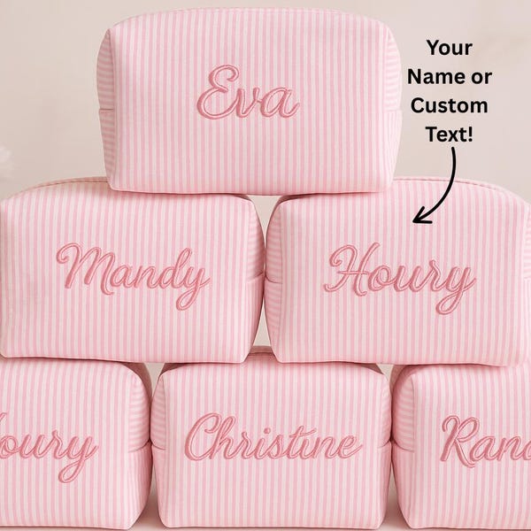 Personalized Seersucker Makeup Bag, Embroidered Name Travel Pouch