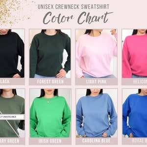 K&ouml;nnte beinhalten: Farbkarte mit verschiedenen Farben f&uuml;r Unisex-Sweatshirts mit Rundhalsausschnitt. Die Farben umfassen Schwarz, Waldgr&uuml;n, Hellrosa, Heliconia, Milit&auml;rgr&uuml;n, Irischgr&uuml;n, Carolina-Blau und Royalblau.