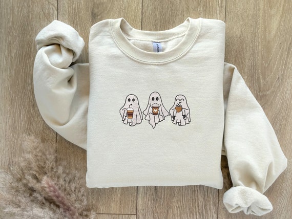 Embroidered Ghost Coffee Sweatshirt, Cute Halloween Sweater