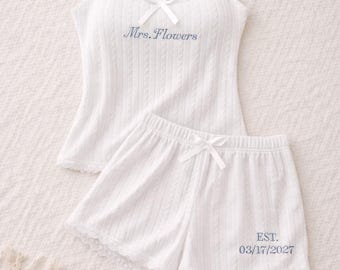 Personalized Bride Pajama Set, Ribbed Tank and Shorts, Embroidered Bridal Sleepwear