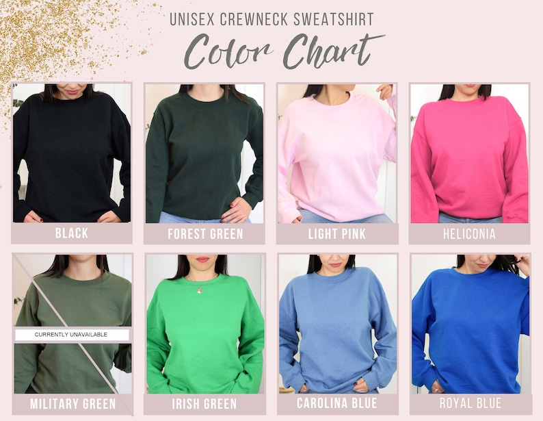 Puede incluir: Carta de colores que muestra diferentes colores de sudaderas con cuello redondo unisex. Los colores incluyen negro, verde bosque, rosa claro, heliconia, verde militar, verde irland&eacute;s, azul Carolina y azul real.