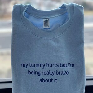 May include: Light blue sweatshirt with the text "my tummy hurts but i'm being really brave about it" embroidered in dark blue.