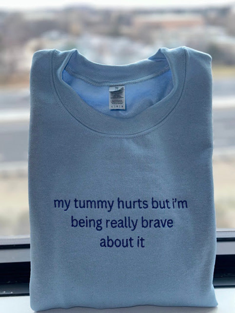 May include: Light blue sweatshirt with the text "my tummy hurts but i'm being really brave about it" embroidered in dark blue.