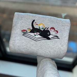 Embroidered Cat On Book Sweatshirt, Floral Mushroom, Book Lover Gift