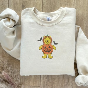 Winnie The Pooh Pumpkin Costume Embroidered Sweatshirt, Fall Sweater, Halloween Sweatshirt, Fall Theme Crewneck, Custom Jack O Lantern Shirt