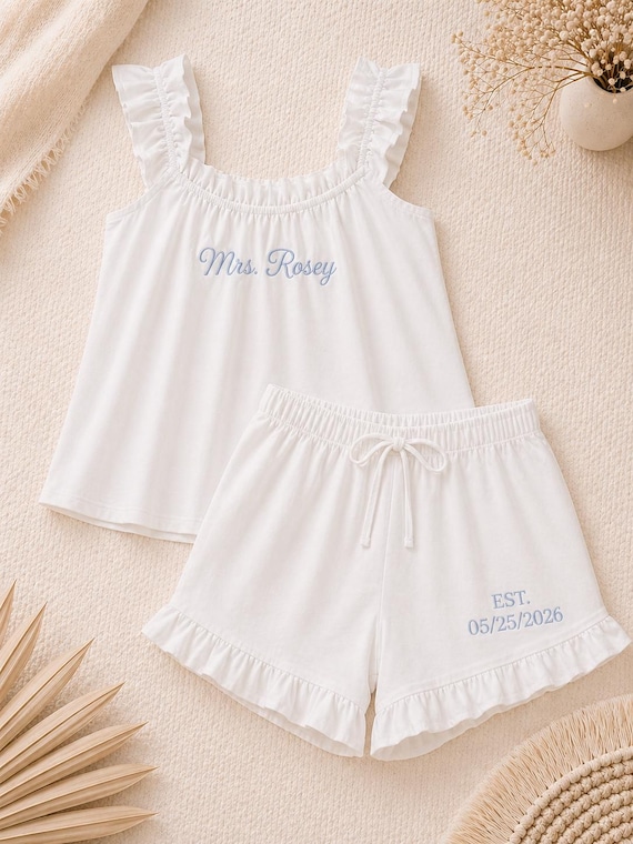 Personalized Bride Pajama Set, Ruffled Tank and Shorts, Embroidered Bridal Sleepwear