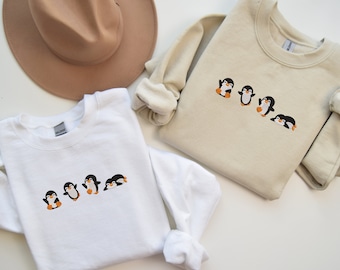 Sweat brodé pingouin, pull d'hiver, col rond vintage, animal mignon, chemise animal dessin animé, cadeau pour elle et lui, pull de Noël