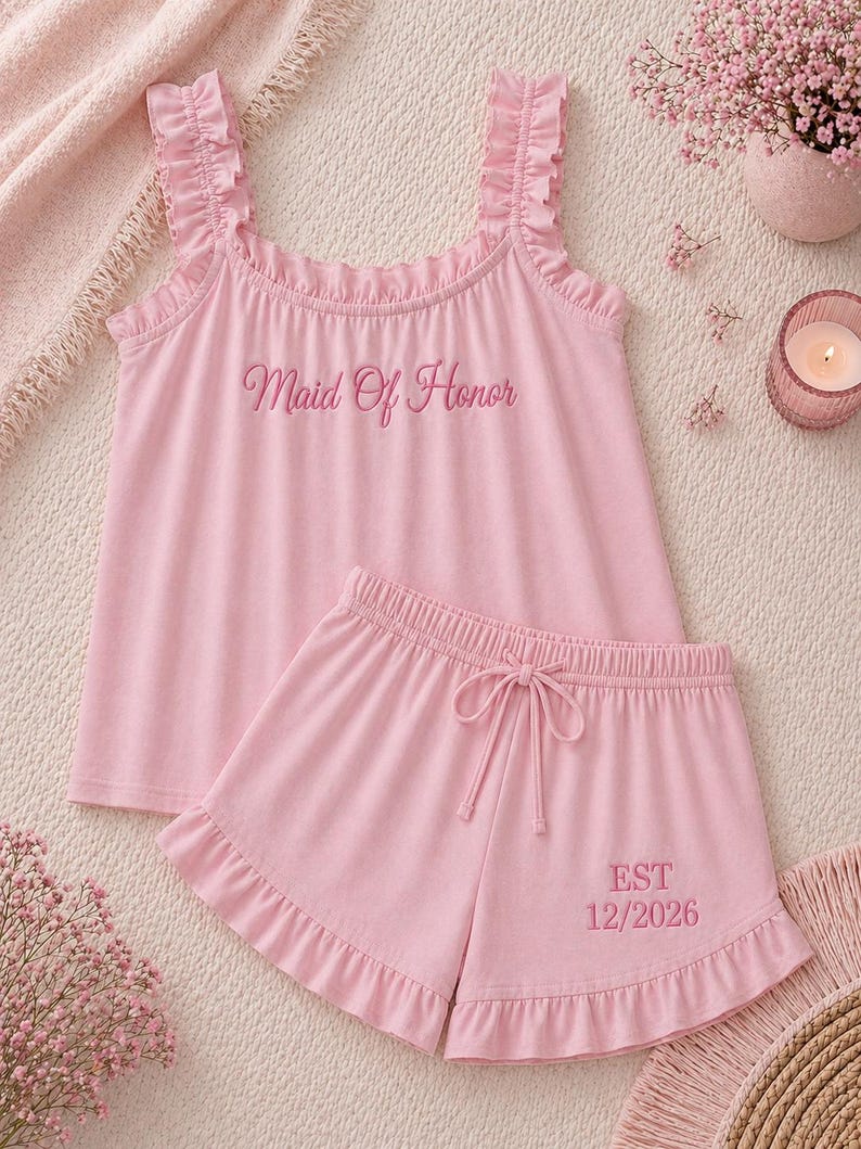 May include: A light pink pajama set featuring a ruffled tank top with the embroidered text "Maid Of Honor" and matching shorts. The shorts have a drawstring waist and the embroidered text "EST 12/2026".