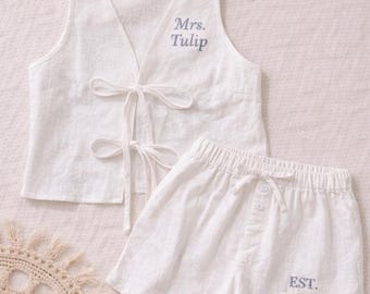 Personalized Bride Pajama Set, Tie Front Top and Shorts, Embroidered Bridal Sleepwear
