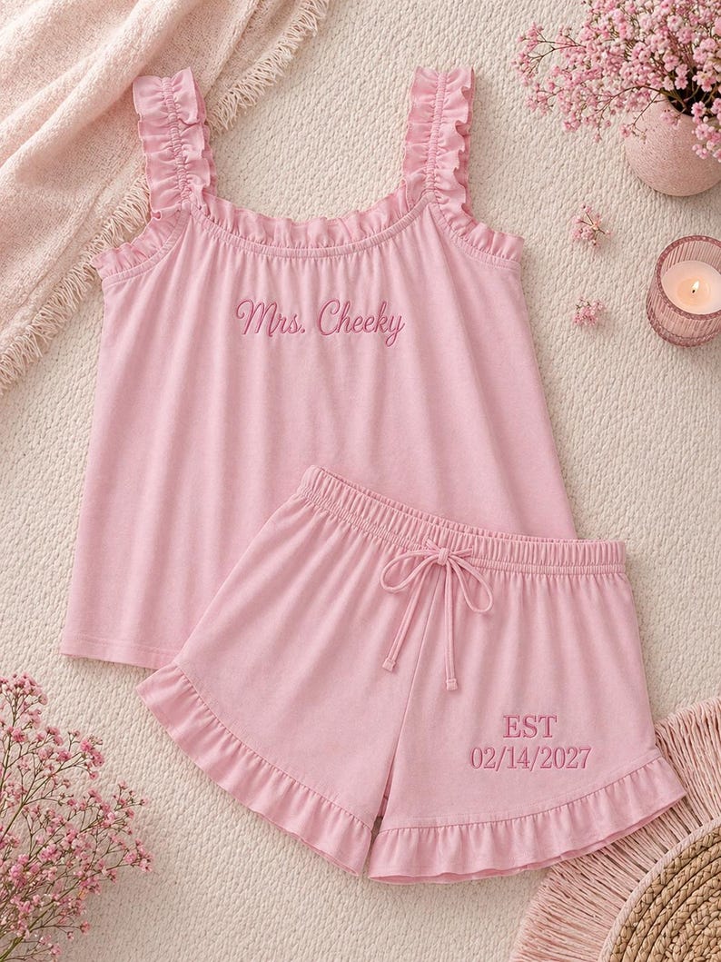 May include: Pink pajama set featuring a ruffled tank top and matching shorts. The tank top has the embroidered text "Mrs. Cheeky", and the shorts have "EST 02/14/2027". The set is made of soft material and is designed for comfort.